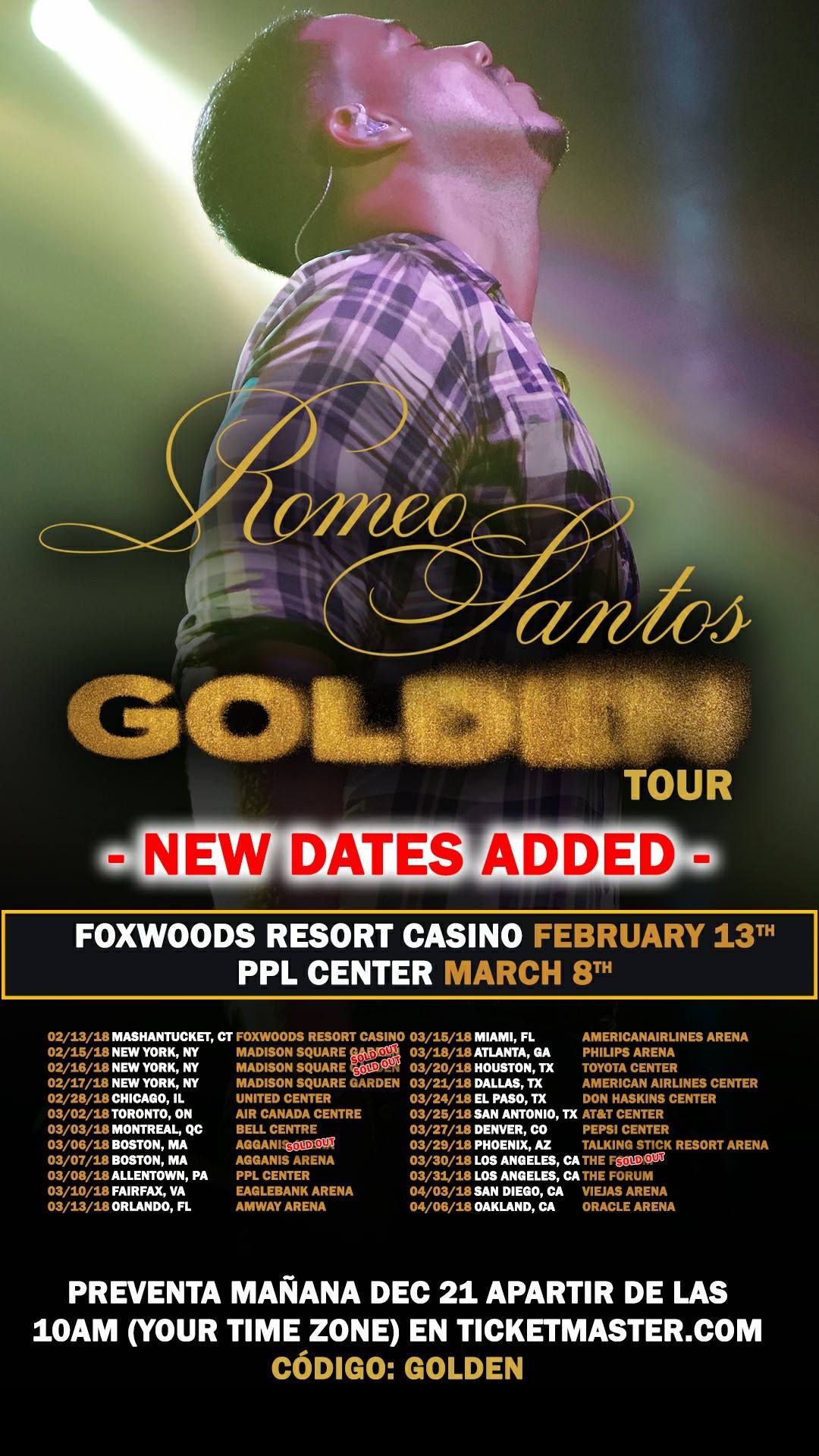 Romeo Santos' Golden Tour poster having date