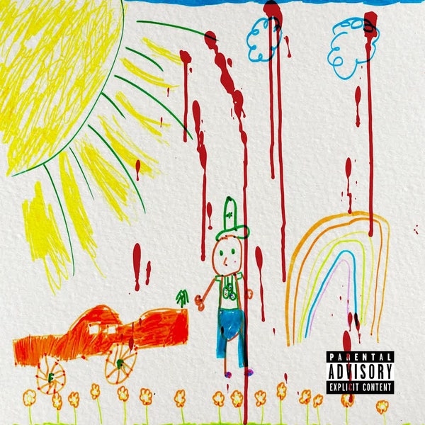 Album cover of Who Made the Sunshine with a drawing of sunshine and rainbows by a child and blood on the drawing